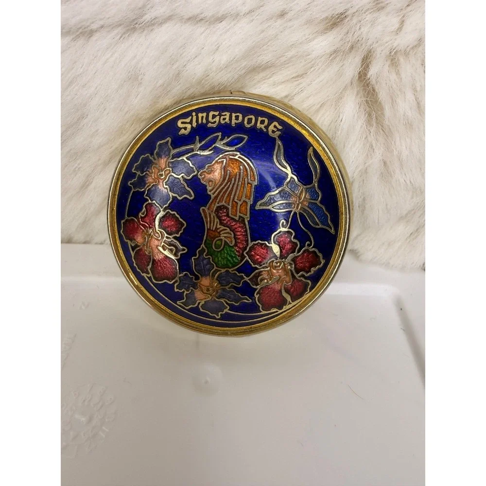 Singapore Cloisonné Orchids and Merlion Pill Box Trinket Box with 3 Compartments